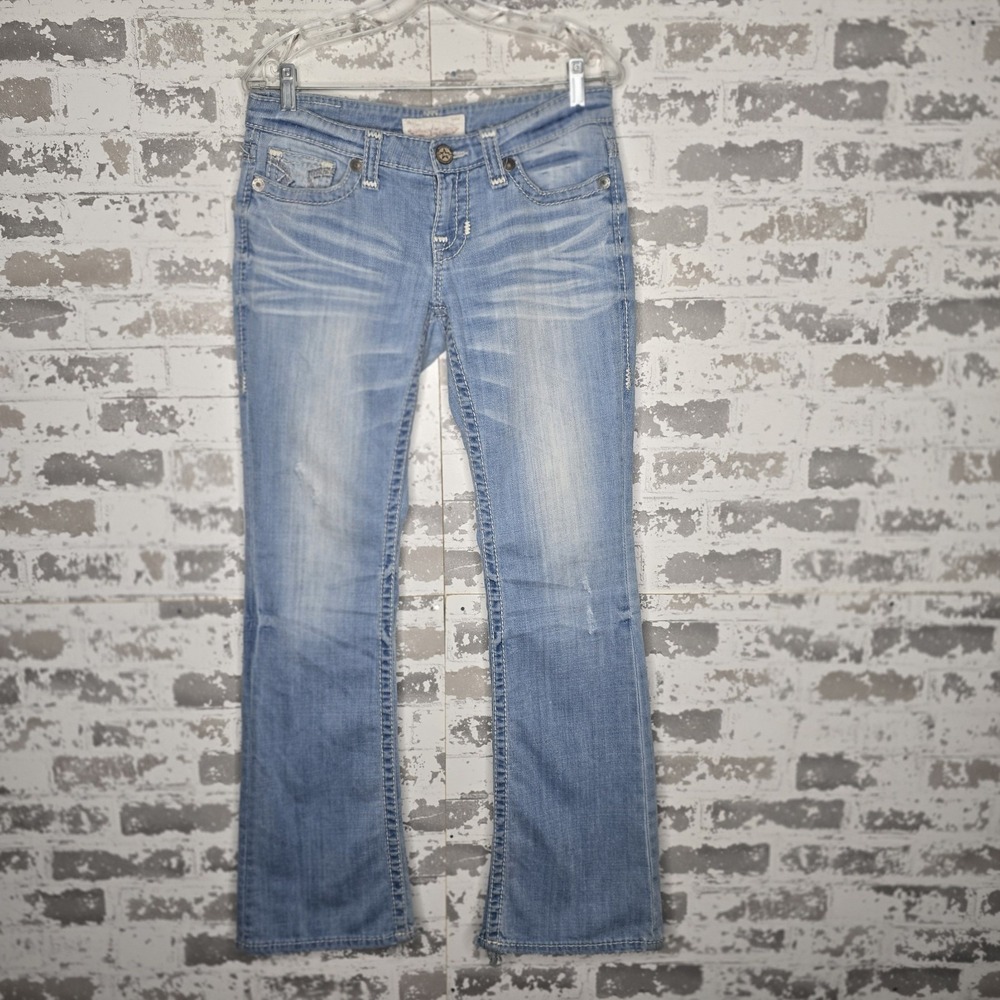 Big Star Jeans Womens 28R Liv Boot Cut Light Blue Denim Wash Distressed Whiskers